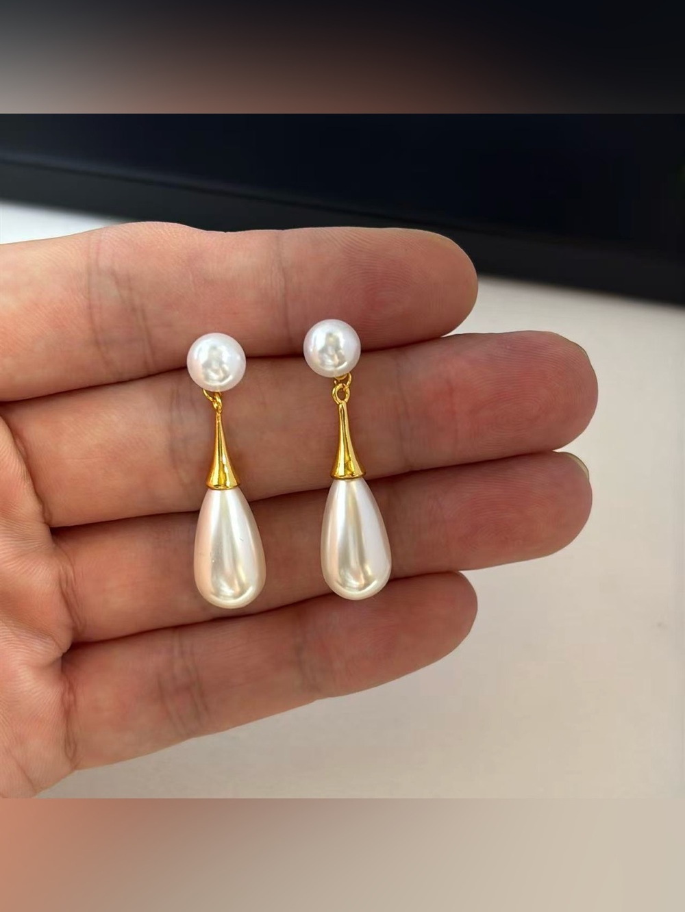 White Pearl Teardrop Shape Dangle Drop Earrings for Women